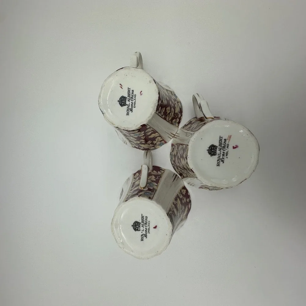 Royal Albert Brocade Art Deco Panel Shape Teacups and Saucers Set of 3 Burgundy